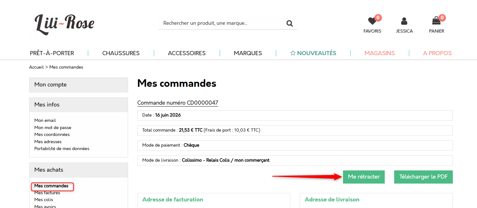 Le bouton de rétractation sur un site OASIS Commerce