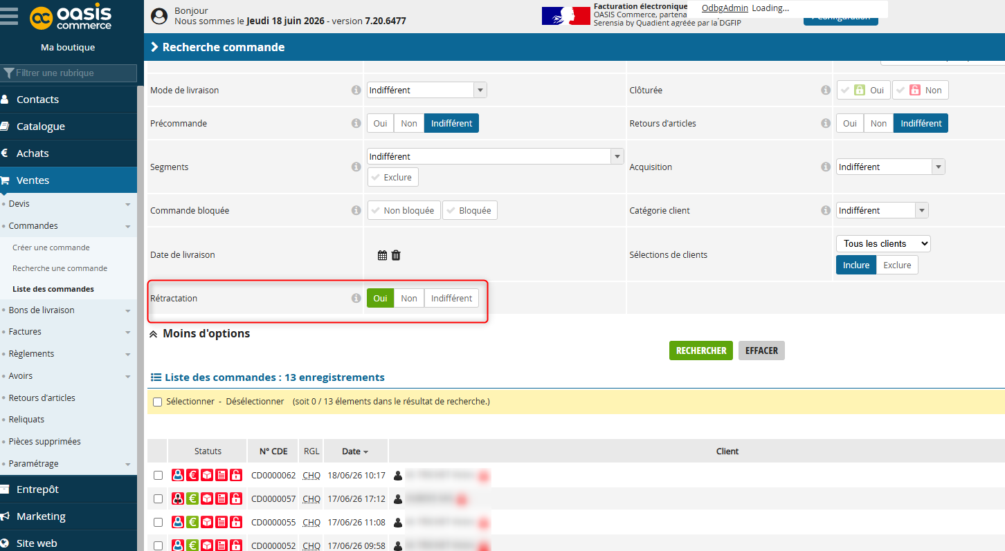 Back OASIS Commerce : filtrer les commandes rétractées (droit de rétractation)