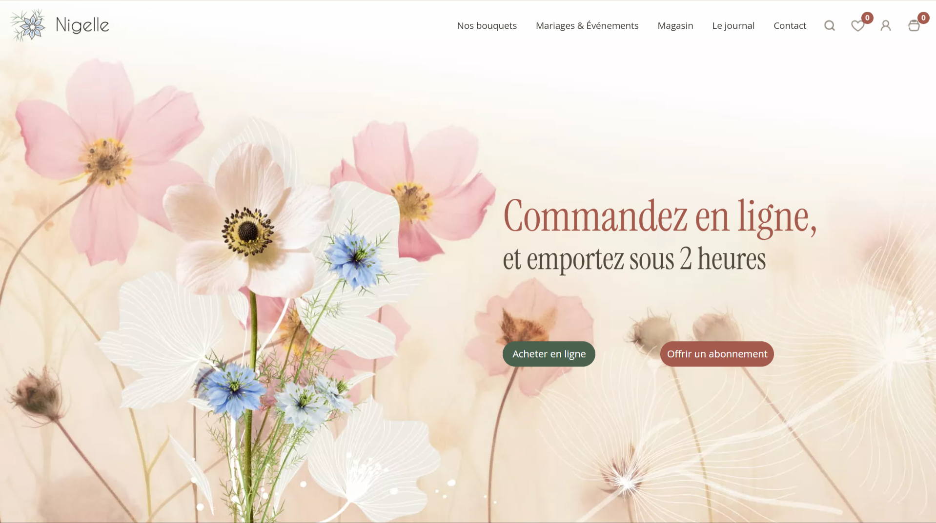Exemple d'utilisation de la fonctionnalité CMS Header compact, sur un site de fleuriste