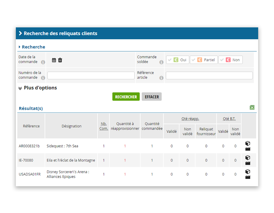 Capture écran de la gestion des reliquats clients dans OASIS Commerce