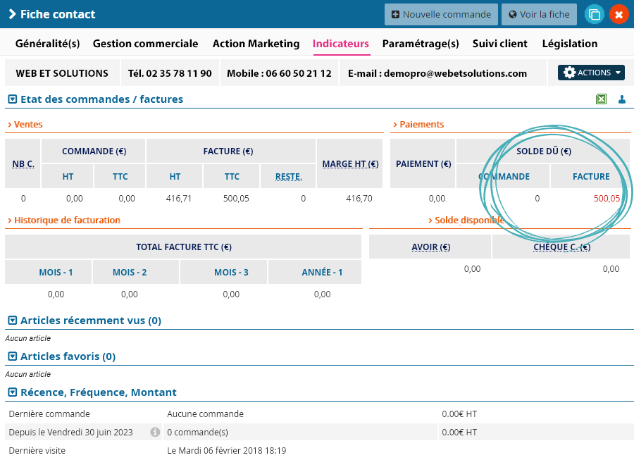 Capture écran de la gestion des fiches contact grâce au CRM français OASIS Commerce